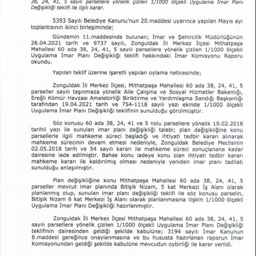 Mithatpaşa Mahallesi, 60 ada 38 Parsele İlişkin 1/1000 Ölçekli İmar Planı Değişikliği