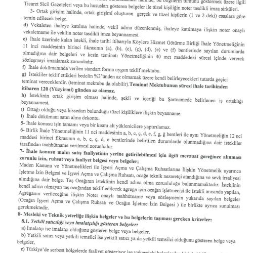 Merkez İlçe Köylere Hizmet Götürme Birliği-Agrega Satın Alımı ve Nakil İşi
