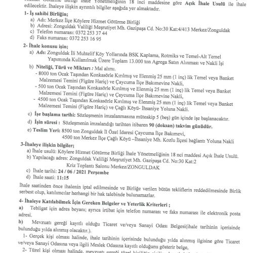 Merkez İlçe Köylere Hizmet Götürme Birliği-Agrega Satın Alımı ve Nakil İşi