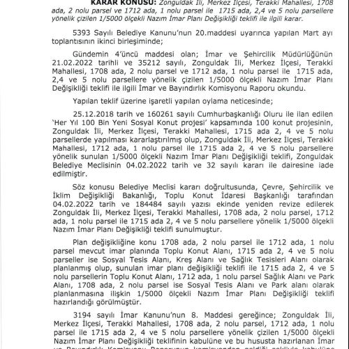 Terakki Mahallesi, 1708 ada, 2 nolu parsel, 1712 ada, 1 nolu parsel ile 1715 ada 2, 4 ve 5 nolu parsellere ilişkin 1/5000 ölçekli Nazım İmar Planı Değişikliği 