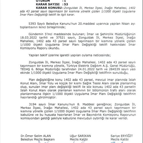 İnağzı Mahallesi, 1402 ada 43 parsele ilişkin 1/1000 ölçekli İmar Planı Değişikliği