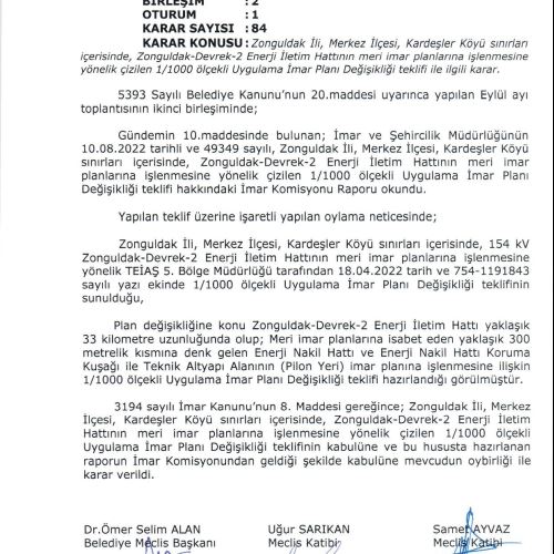 Kardeşler Köyü sınırları içerisinde, 154 kV Zonguldak-Devrek-2 Enerji İletim Hattının meri imar planlarına işlenmesine yönelik 1/1000 ölçekli Uygulama İmar Planı Değişikliği