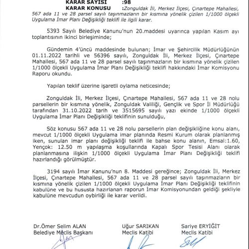 Çınartepe Mahallesi, 567 ada 11 ve 28 nolu parsellere yönelik 1/5000 ölçekli Nazım İmar Planı Değişikliği