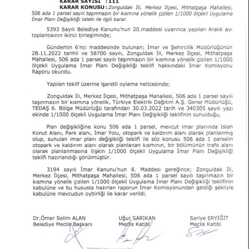 Mithatpaşa Mahallesi, 506 ada 1 nolu parsele yönelik 1/1000 ölçekli Uygulama İmar Planı Değişikliği 