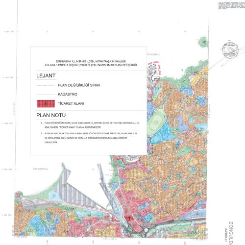 Zonguldak Belediye Meclisinin 05.09.2025 tarih, 136 ve 137 sayılı kararı ile onaylanan Mithatpaşa Mahallesi, 416 ada 3 nolu parsele yönelik 1/5000 ölçekli Nazım İmar Planı Değişikliği ve 1/1000 ölçekli Uygulama İmar Planı Değişikliği