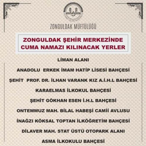 29/05/2020 Tarihinde Cuma Namazı Kılınabilecek Alanlar