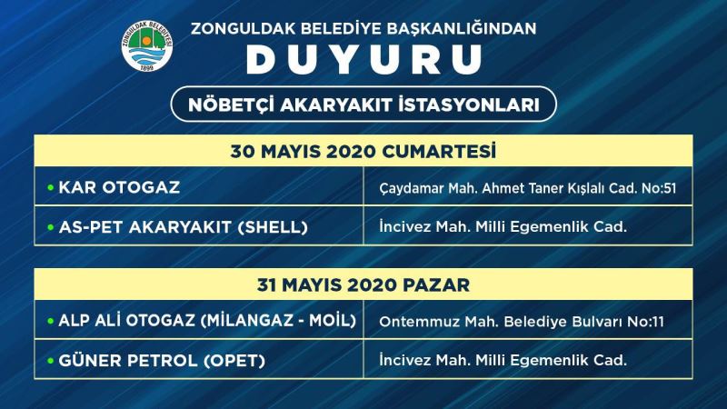 30/31 Mayıs Tarihlerinde Nöbetçi Akaryakıt İstasyonları