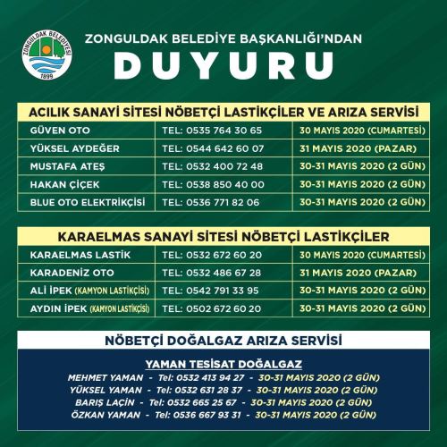 30/31 Mayıs Tarihlerinde Nöbetçi Oto Lastikçi ve Arıza Servisleri