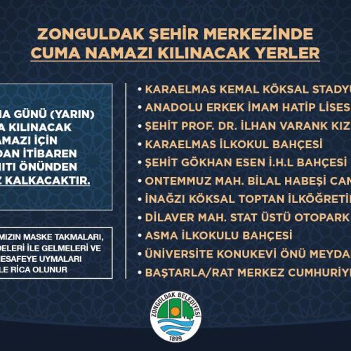 05/06/2020 Tarihinde Cuma Namazı Kılınabilecek Alanlar