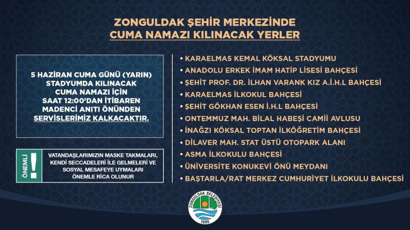 05/06/2020 Tarihinde Cuma Namazı Kılınabilecek Alanlar