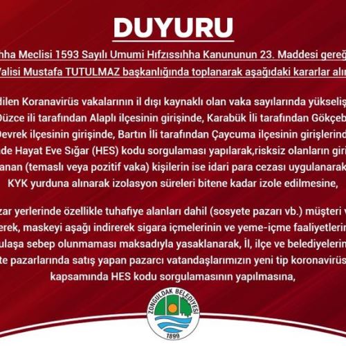 İl Umumi Hıfzıssıhha Meclisi'nin Almış Olduğu Kararlar