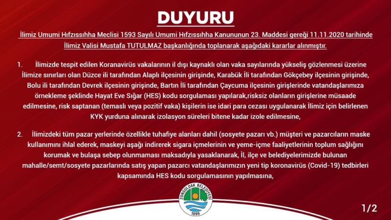 İl Umumi Hıfzıssıhha Meclisi'nin Almış Olduğu Kararlar